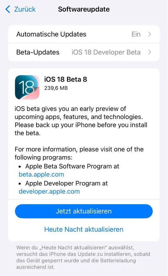 王五镇苹果手机维修分享苹果 iOS / iPadOS 18 开发者预览版 Beta 8 发布 